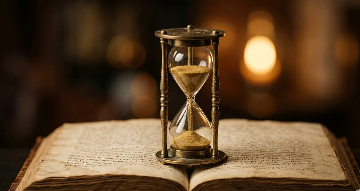 Uma ampulheta antiga de latão sobre um livro aberto com areia caindo lentamente, simbolizando o tempo necessário, a paciência e a reflexão no processo terapêutico psicanalítico
