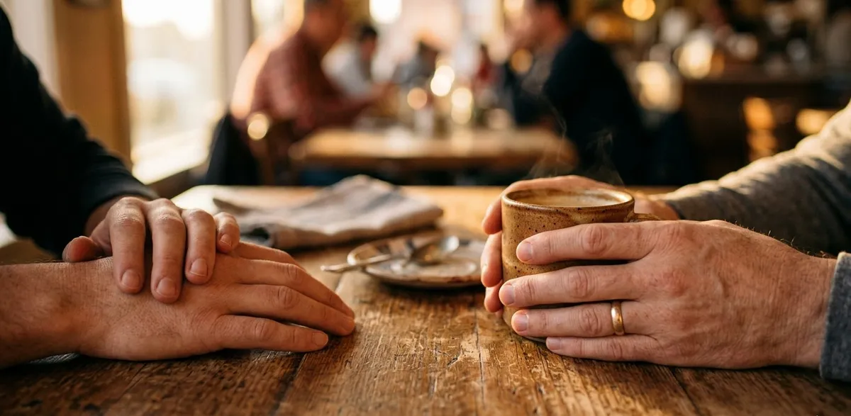 Detalhe das mãos de duas pessoas em uma mesa, segurando uma xícara quente, representando a empatia, a confiança e a escuta ativa no encontro analítico.