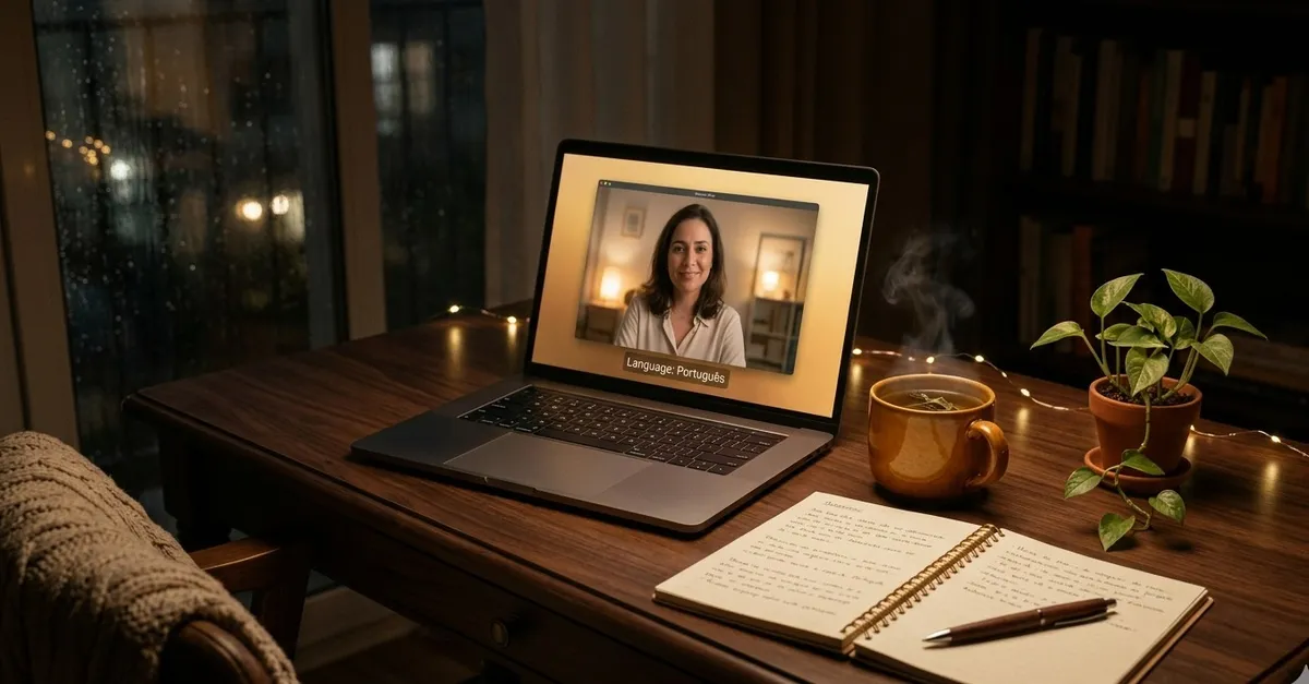Um notebook emitindo uma luz dourada e acolhedora em uma mesa de madeira, simbolizando o espaço seguro da terapia online e a conexão emocional com o próprio país.