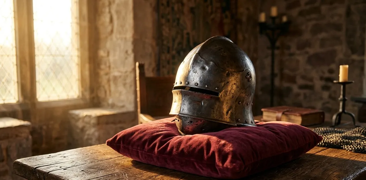 Um capacete antigo de armadura de metal repousando sobre uma almofada de veludo macia, simbolizando a armadura emocional e a proteção contra a vulnerabilidade.