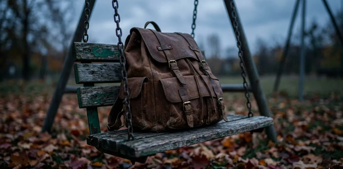 Uma mochila de couro pesada e grande deixada sozinha sobre um balanço de parquinho infantil, representando o amadurecimento precoce e o peso das responsabilidades.
