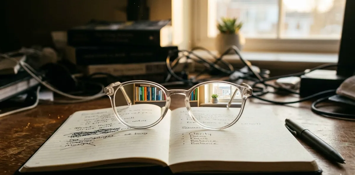 Óculos de leitura sobre um caderno filtrando um fundo embaçado e transformando-o em uma imagem nítida e iluminada, simbolizando a reestruturação cognitiva e a clareza mental.