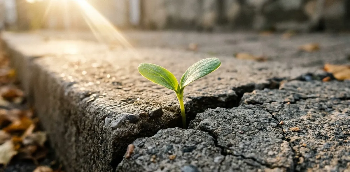 Um pequeno e forte broto verde crescendo através do concreto rachado, iluminado pelo sol, simbolizando a resiliência e a força ao superar o preconceito e as barreiras sociais