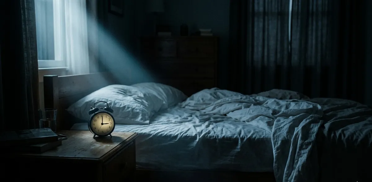Uma cama vazia e desarrumada com um relógio marcando madrugada sob a luz da lua, representando a insônia e as alterações de sono causadas pela ansiedade