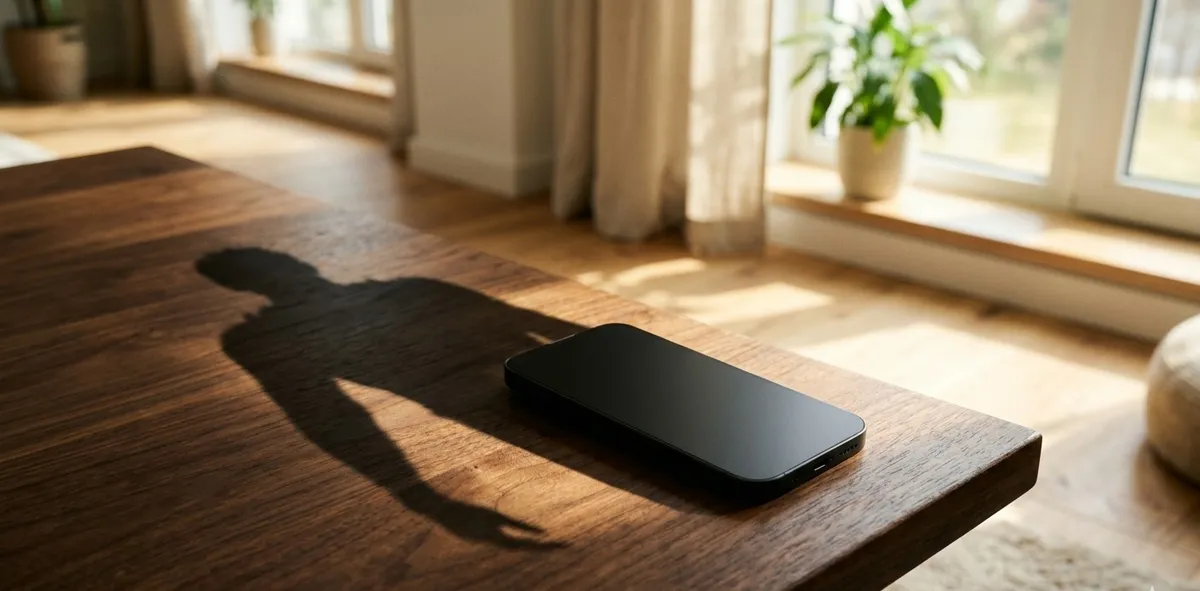 Um celular projetando uma sombra distorcida e escura em uma mesa iluminada, simbolizando as distorções cognitivas e o sentimento de rejeição por uma mensagem não respondida