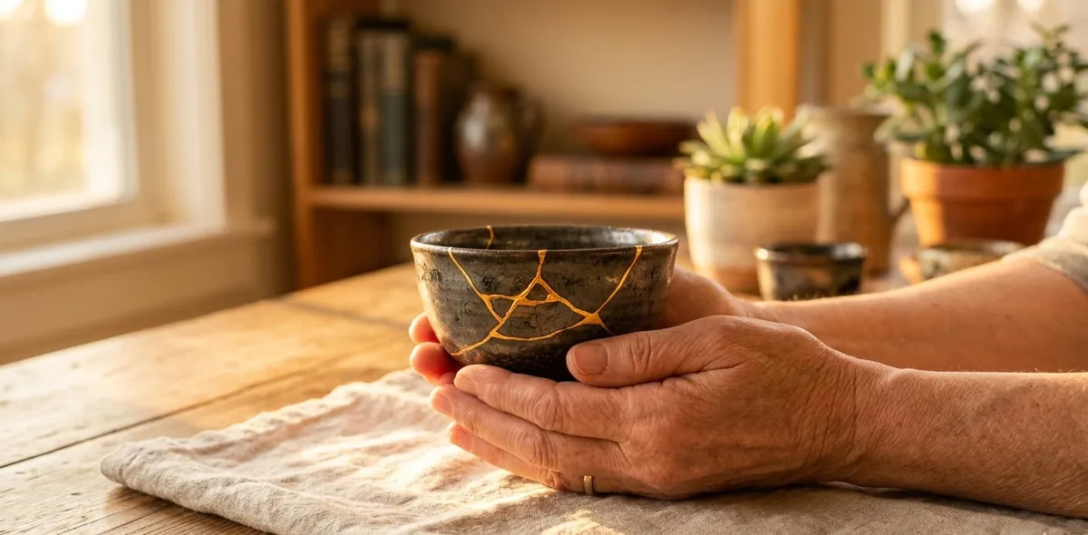 Mãos segurando uma cerâmica restaurada com fios de ouro (técnica Kintsugi), simbolizando a reconstrução da autoestima, a autocompaixão e o resgate do valor pessoal através da terapia