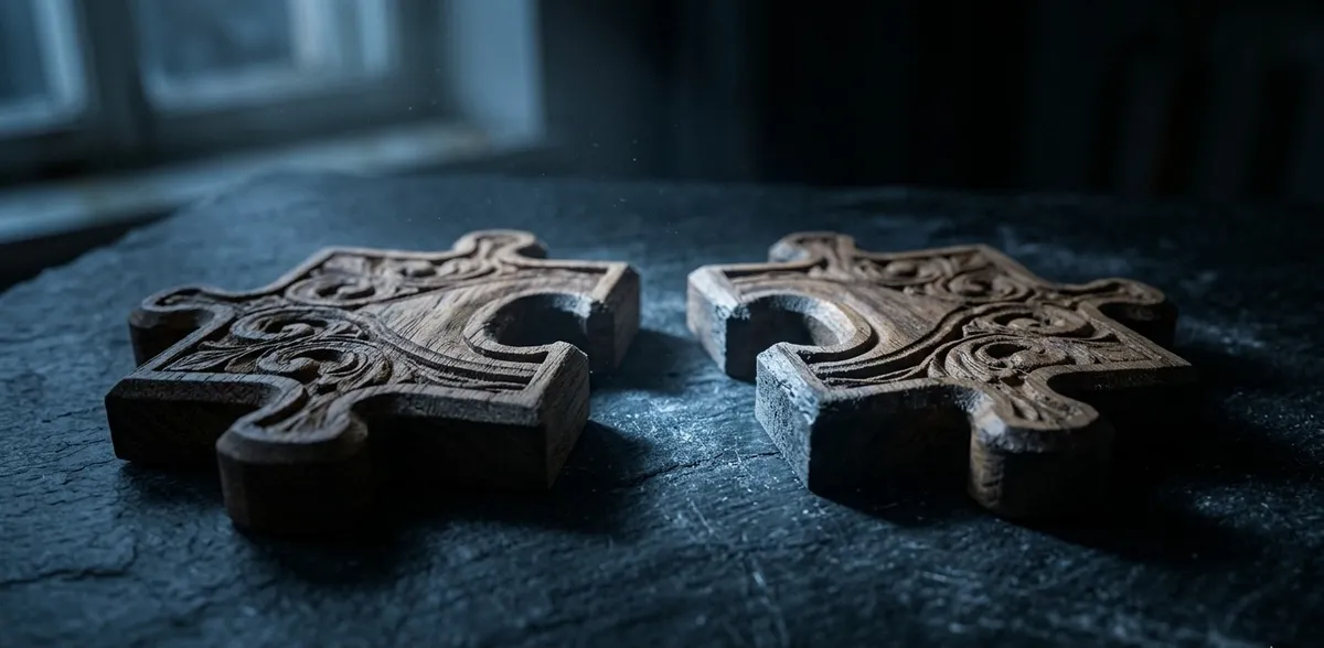 Duas peças de quebra-cabeça de madeira levemente separadas sobre uma mesa escura, simbolizando a dor da separação, o luto emocional e a ruptura de um vínculo afetivo.