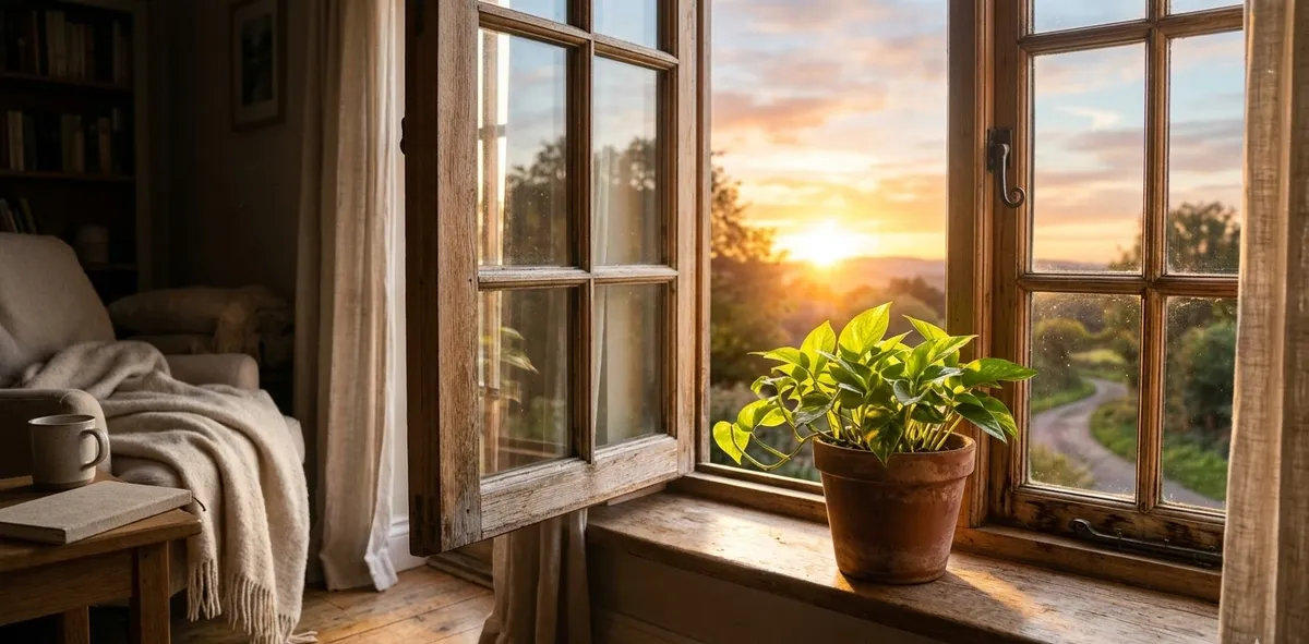 Uma janela de madeira levemente aberta permitindo a entrada da luz dourada do amanhecer, simbolizando a esperança, a superação da dor e a possibilidade de um novo começo após o término