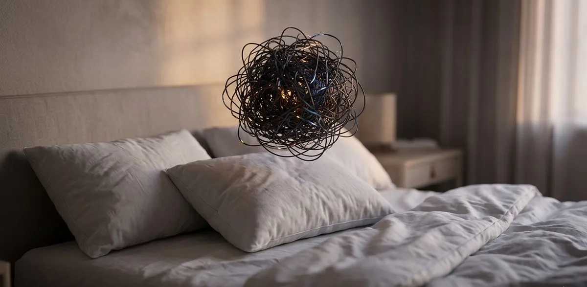 Uma cama confortável com um emaranhado de fios escuros pairando sobre o travesseiro, simbolizando a diferença entre descanso físico e exaustão mental