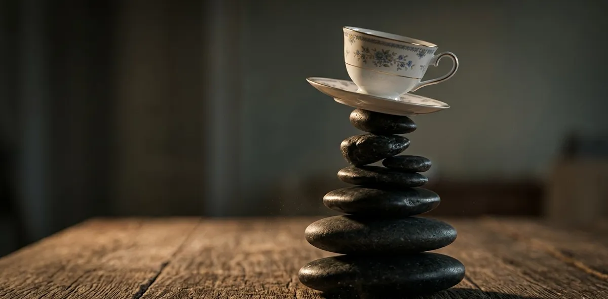 Uma xícara de porcelana delicada equilibrada perigosamente sobre uma pilha instável de pedras pesadas, representando o perfeccionismo e a autocobrança excessiva