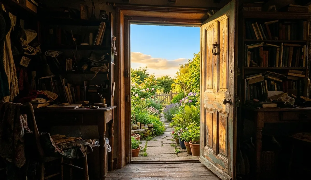 Uma porta de madeira se abrindo de um ambiente escuro para um jardim iluminado pelo sol, simbolizando a reestruturação cognitiva e a recuperação da energia mental