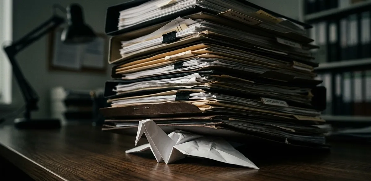 Um pássaro de origami delicado suportando o peso de uma grande pilha de documentos de escritório, simbolizando o peso do burnout e a exaustão silenciosa