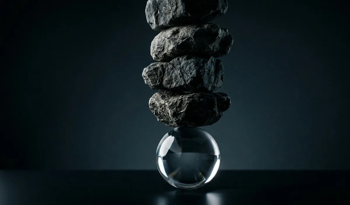 Uma esfera de vidro frágil equilibrando pedras pesadas e rústicas, representando a forte pressão interna e os padrões cognitivos de sobrecarga no esgotamento mental.