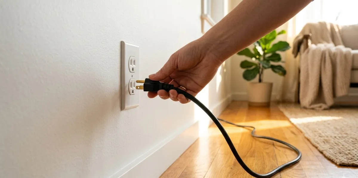Um cabo de energia sendo desconectado da tomada em um ambiente iluminado pelo sol, simbolizando a necessidade de parar, se desconectar e buscar ajuda para cuidar da saúde mental