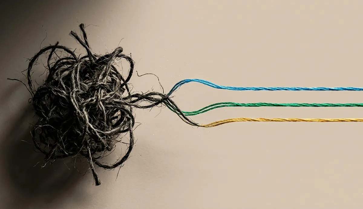 Um emaranhado de fios escuros que se desfaz e se organiza em linhas retas e claras, representando a organização da mente e a separação entre pensamentos, emoções e comportamentos na TCC