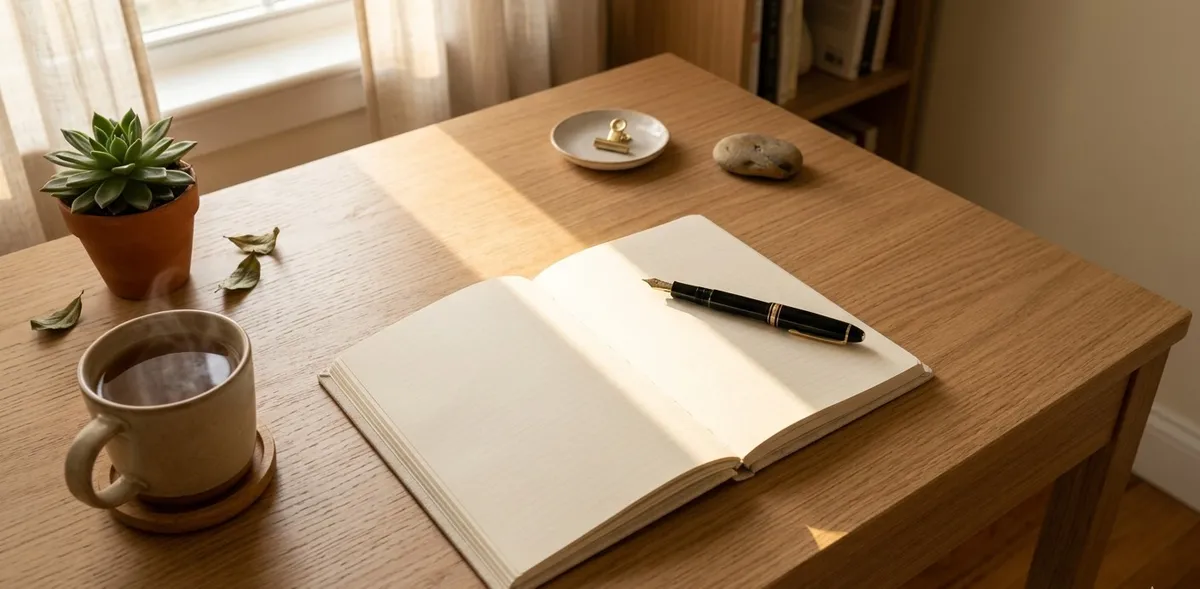 Um caderno em branco com uma caneta repousando sobre ele, suavemente iluminado pela luz dourada da manhã, simbolizando a clareza mental, a auto-observação e o alívio de colocar os sentimentos no papel