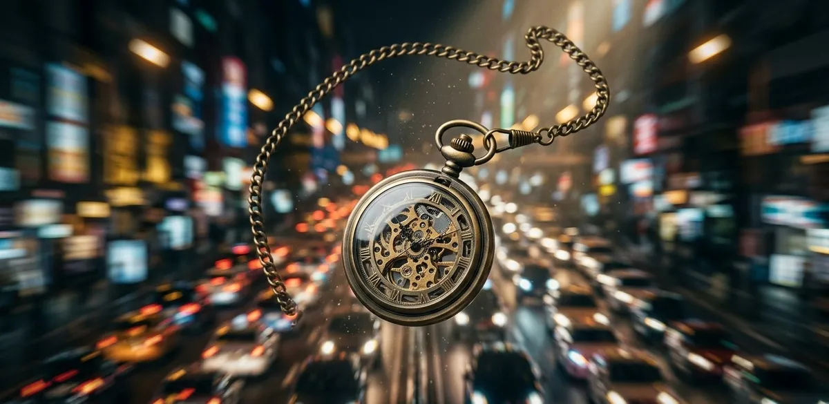 Um relógio de bolso antigo perfeitamente focado e imóvel, flutuando em meio a um fundo de luzes de cidade borradas pela alta velocidade, simbolizando a importância da pausa em uma rotina acelerada