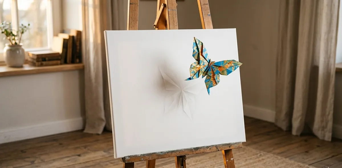 Uma tela em branco em um cavalete de madeira, de onde surge uma borboleta de origami colorida levantando voo, simbolizando a criatividade que nasce a partir do silêncio e do ócio
