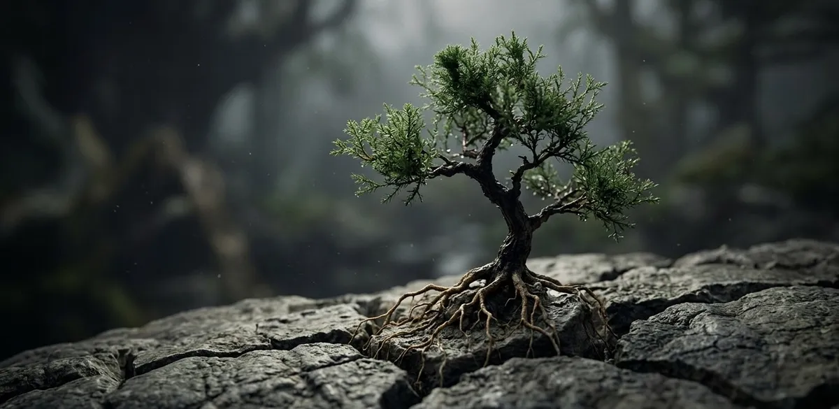 Um pequeno e frágil bonsai crescendo com raízes expostas em uma pedra rachada, simbolizando traumas na infância, fatores de risco e o desenvolvimento de defesas em um ambiente difícil