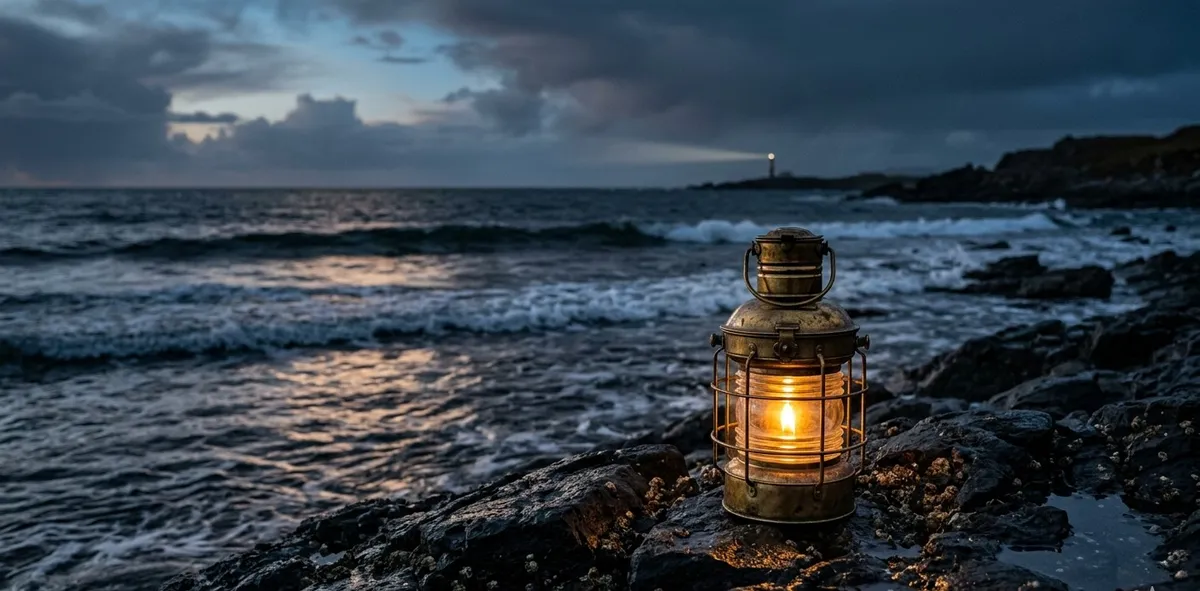 Uma lanterna emitindo uma luz quente e segura em uma costa rochosa com o mar se acalmando ao fundo, representando o ambiente acolhedor da terapia e o caminho para a regulação emocional