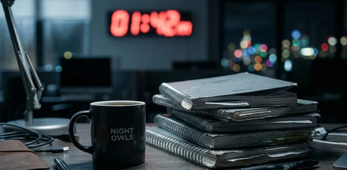Uma mesa de trabalho à noite com café e agendas empilhadas, simbolizando o cansaço e a rotina de apenas sobreviver às tarefas