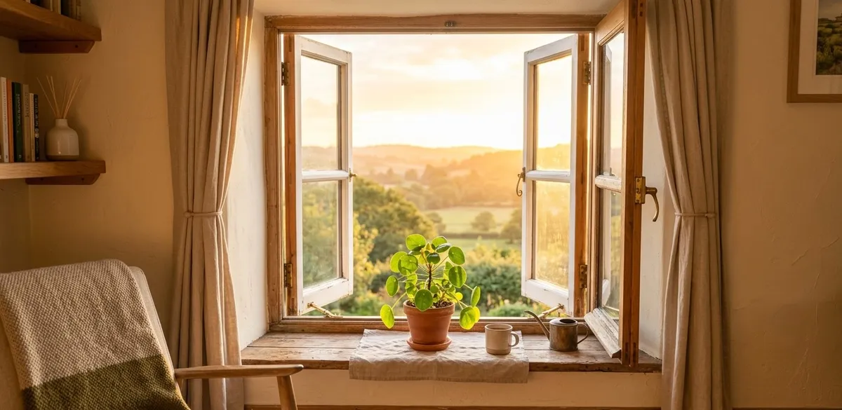 Uma janela aberta com a luz do sol entrando, simbolizando a reconexão consigo mesmo e a esperança trazida pelo processo terapêutico