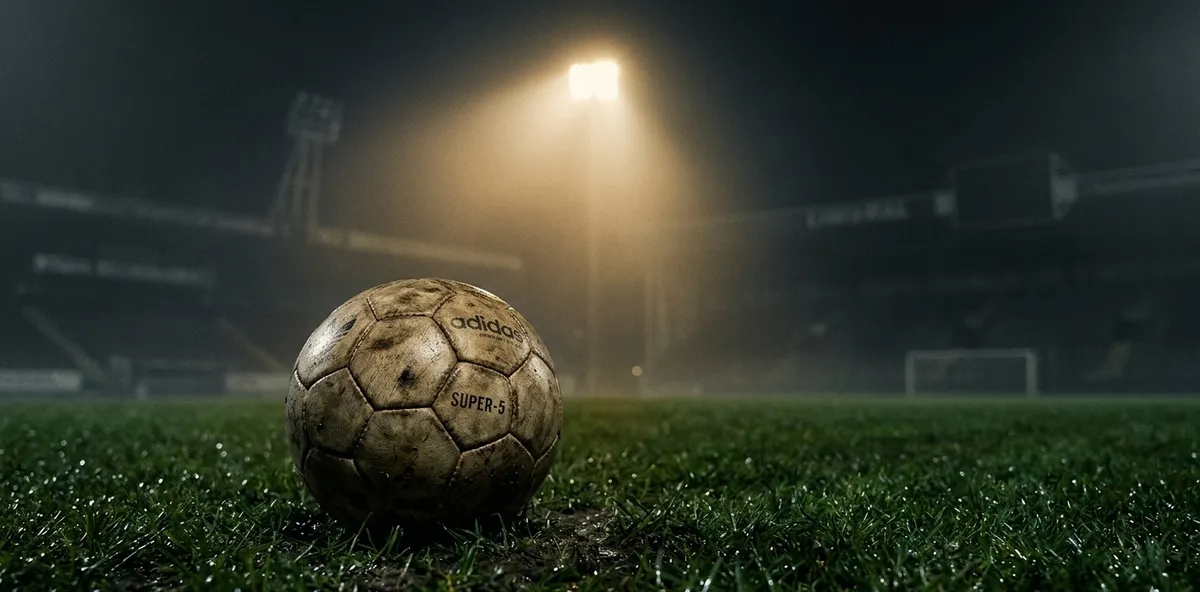 Uma bola de futebol vintage desgastada sobre o gramado úmido, iluminada por um holofote solitário, simbolizando o peso da derrota e a cobrança pelo sucesso