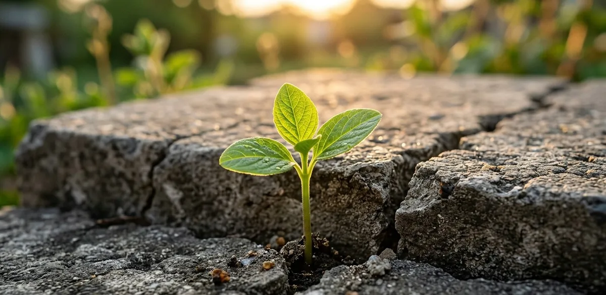 Um pequeno e forte broto verde rasgando o concreto rachado sob a luz do sol, representando a resiliência emocional e o crescimento a partir das perdas