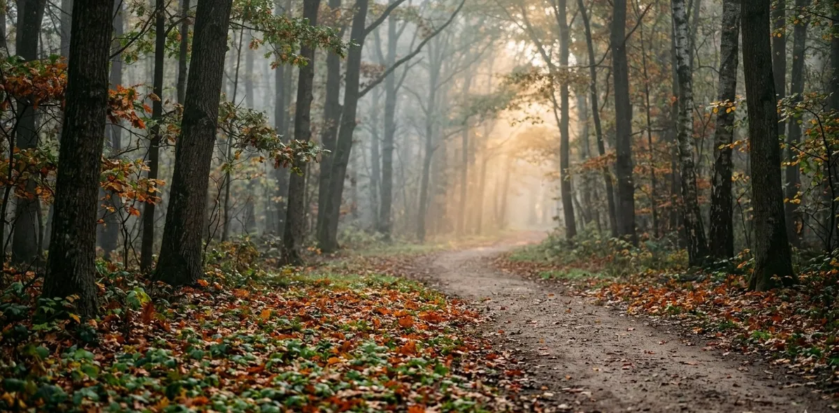 Um caminho tranquilo em uma floresta de outono com a neblina clareando ao fundo, representando a jornada emocional e as diferentes fases do luto até a aceitação