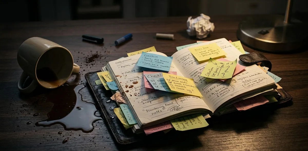 Uma agenda transbordando de anotações caóticas ao lado de um café derramado, simbolizando a sobrecarga mental, a multitarefa e a exaustão da rotina