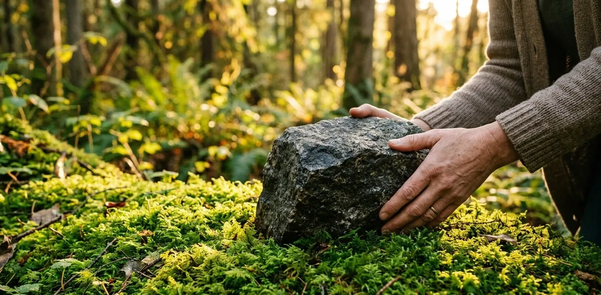 Uma pedra pesada sendo deixada sobre um leito de musgo macio em uma floresta iluminada pelo sol, simbolizando o alívio de não carregar tudo sozinha e o direito ao descanso