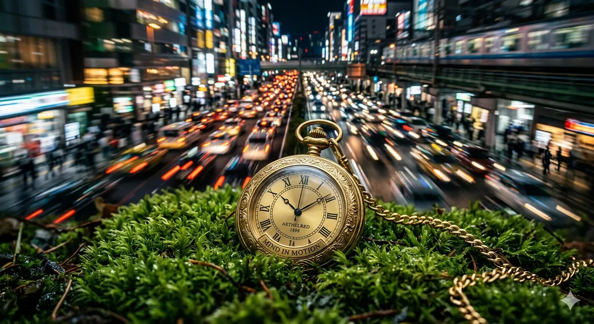 Um relógio de bolso clássico repousando perfeitamente imóvel sobre um musgo verde, contrastando com um fundo de luzes de cidade borradas pela velocidade, simbolizando a paz mental em uma sociedade acelerada