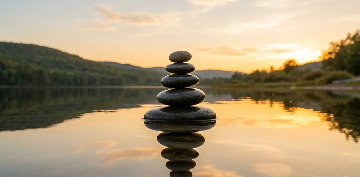 Pedras zen perfeitamente equilibradas umas sobre as outras em uma água calma que reflete a luz dourada do sol, representando o equilíbrio emocional, a paz e as estratégias de autocuidado