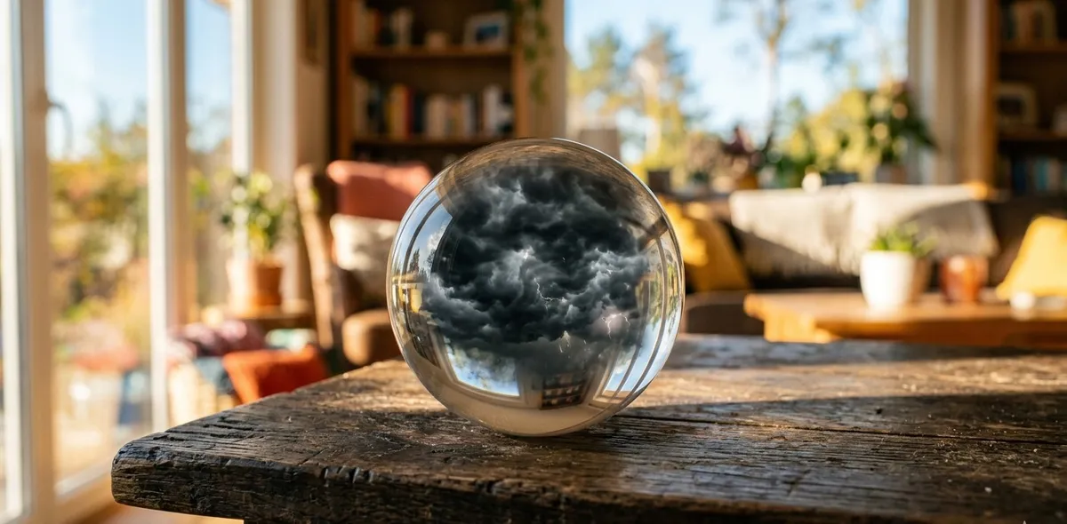 Uma esfera de vidro sobre uma mesa contendo uma pequena nuvem de tempestade escura, enquanto o exterior está ensolarado, simbolizando o sofrimento interno e a visão negativa e isolada durante a dor da separação.