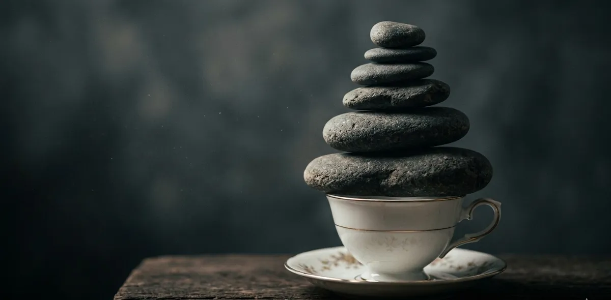 Uma xícara de porcelana delicada equilibrando uma pilha muito pesada de pedras escuras, simbolizando a sobrecarga, a exaustão emocional e a tentativa de dar conta de tudo sozinha