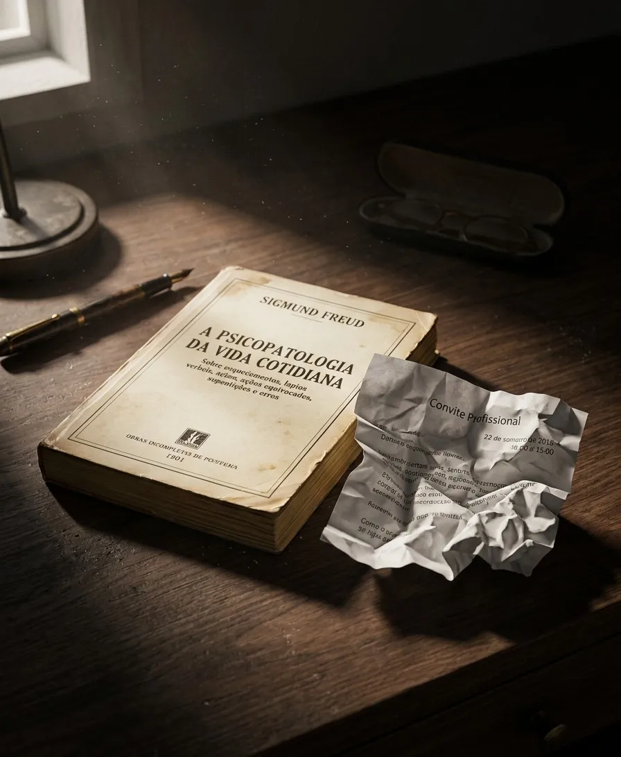 Uma foto realista de natureza morta de um exemplar do livro "A Psicopatologia da Vida Cotidiana" ao lado de uma carta de convite profissional amassada, simbolizando esquecimentos e atos falhos relacionados a objetos e preocupações do inconsciente
