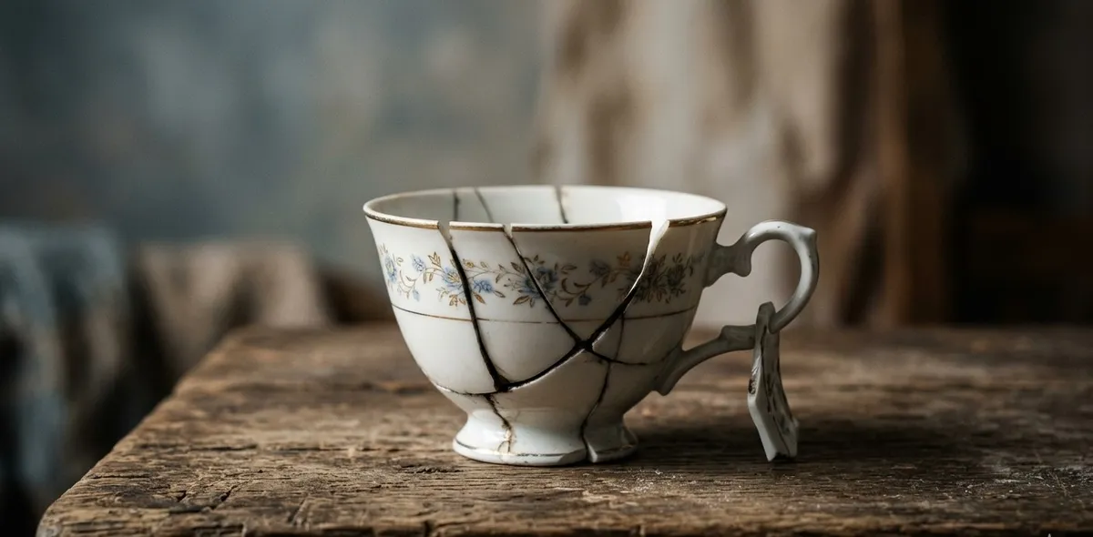 Fotografia conceitual de uma delicada xícara de porcelana branca quebrada, com suas partes rachadas unidas de forma frágil sobre uma mesa de madeira gasta. A imagem simboliza as feridas emocionais da infância e a vulnerabilidade psicológica que carregamos