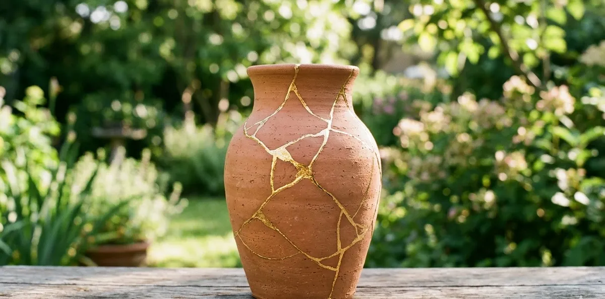 Vaso de cerâmica restaurado com a técnica Kintsugi, exibindo cicatrizes preenchidas com ouro brilhante sob a luz suave da manhã. A imagem simboliza a resiliência, o processo de cura emocional na psicoterapia e a beleza na ressignificação das dores do passado