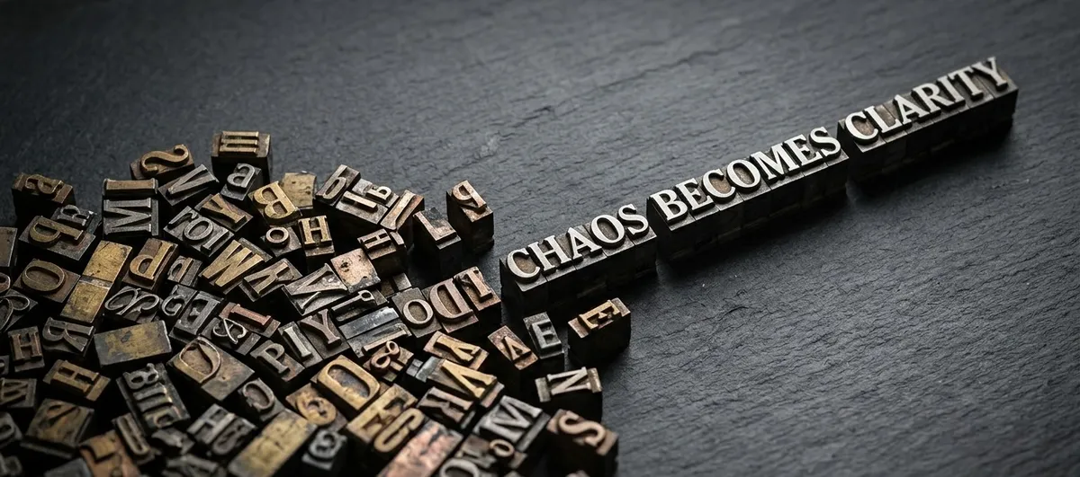 Letras tipográficas de metal que saem de uma pilha caótica e se organizam em uma linha reta perfeita, representando como o processo de simbolização e a poesia ajudam a nomear e organizar a angústia mental.