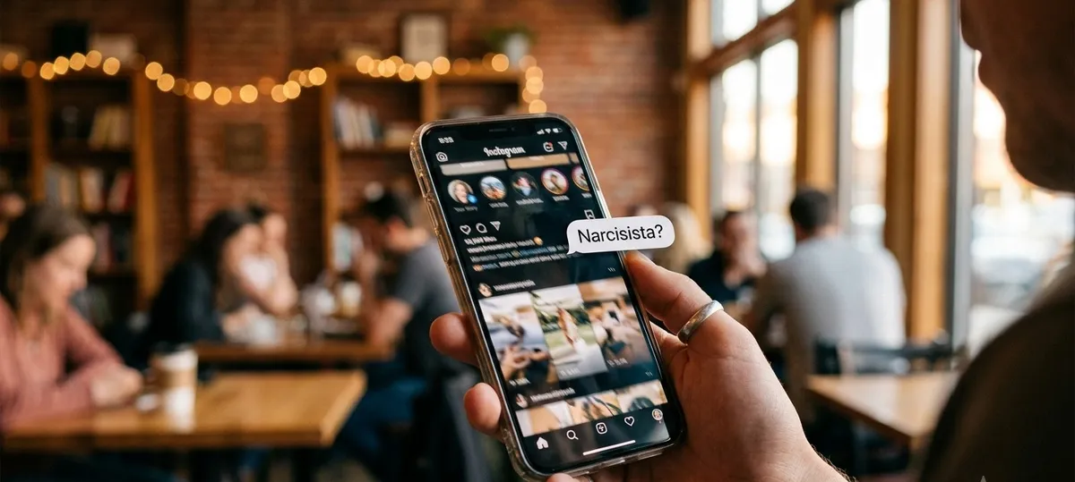 Mão segurando um smartphone com um feed de redes sociais desfocado, destacando um balão de texto com a pergunta 'Narcisista?', simbolizando a busca por diagnósticos rápidos na internet