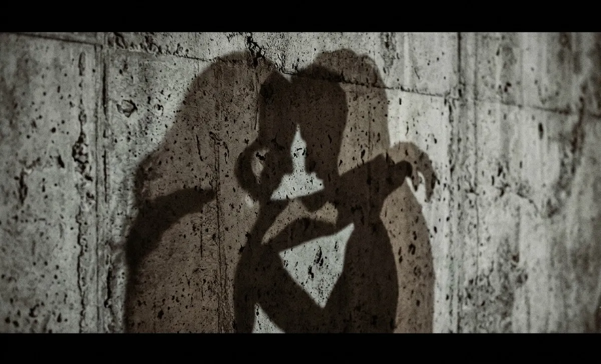Sombras complexas projetadas em uma parede de concreto com textura áspera, representando a dificuldade de definir o comportamento humano e a violência psicológica apenas com rótulos simplistas