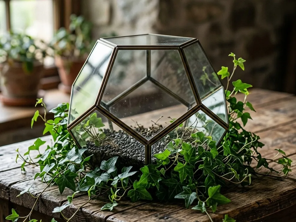 Terrário de vidro geométrico perfeito com uma planta crescendo livremente do lado de fora, simbolizando como a realidade orgânica foge das nossas expectativas rígidas.