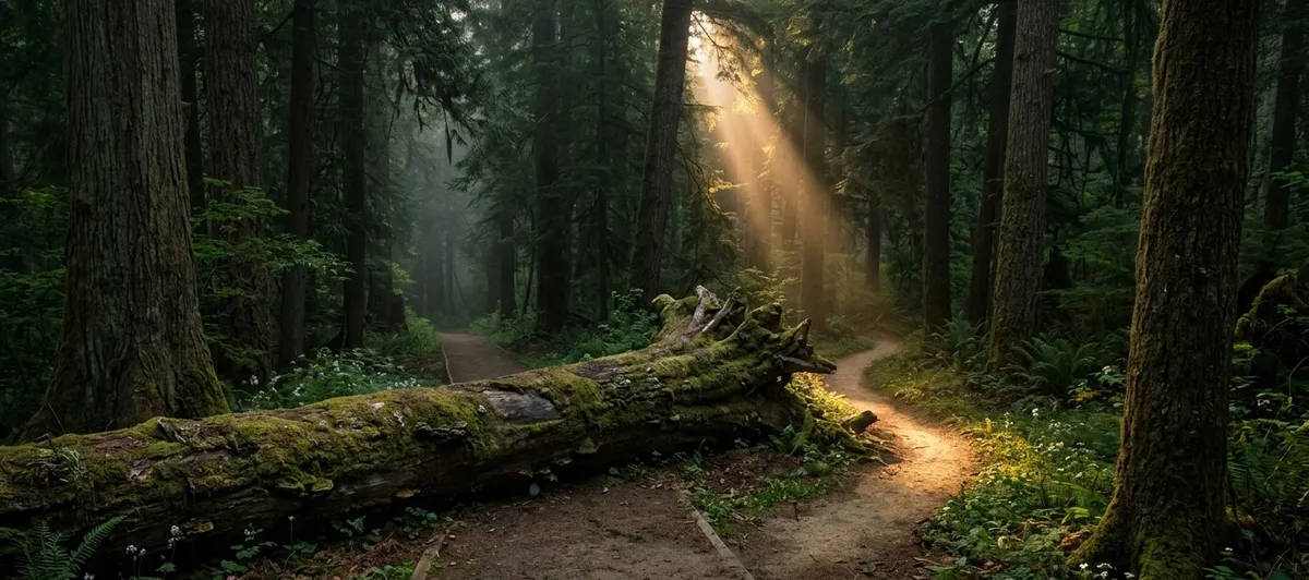 Caminho tranquilo em uma floresta bloqueado por um tronco caído, mas com uma nova trilha iluminada pelo sol se abrindo ao lado, simbolizando novas possibilidades após uma frustração