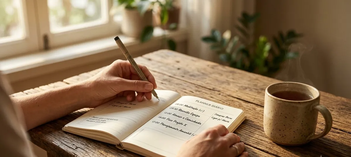 Mãos organizando uma agenda diária sobre uma mesa de madeira com uma xícara de chá ao lado, simbolizando o autocuidado real através da organização e limites cotidianos