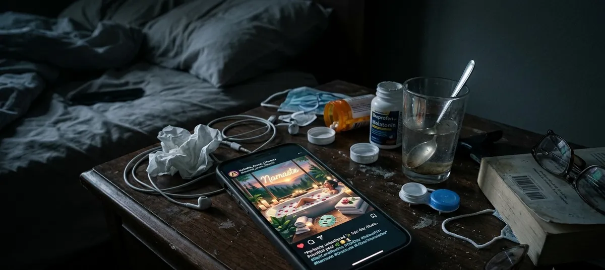 Smartphone exibindo uma foto perfeita de spa enquanto está apoiado em uma mesa de cabeceira bagunçada e escura, simbolizando o contraste entre os mitos da internet e a realidade da exaustão mental
