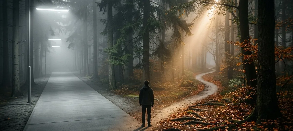 Pessoa parada em uma encruzilhada na floresta neblinosa, com um caminho artificialmente iluminado e o outro rústico e natural, simbolizando a escolha entre anestesiar a dor ou enfrentá-la na terapia.