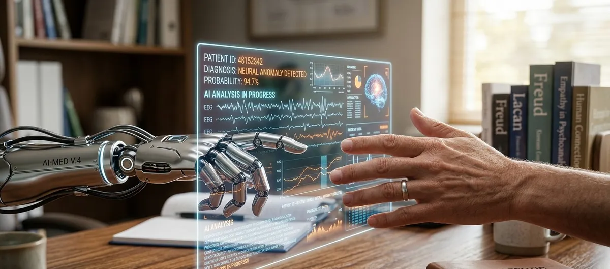 Mão robótica e mão humana separadas por uma tela digital luminosa com dados médicos, simbolizando o contraste entre as respostas da inteligência artificial e o acolhimento humano na saúde mental