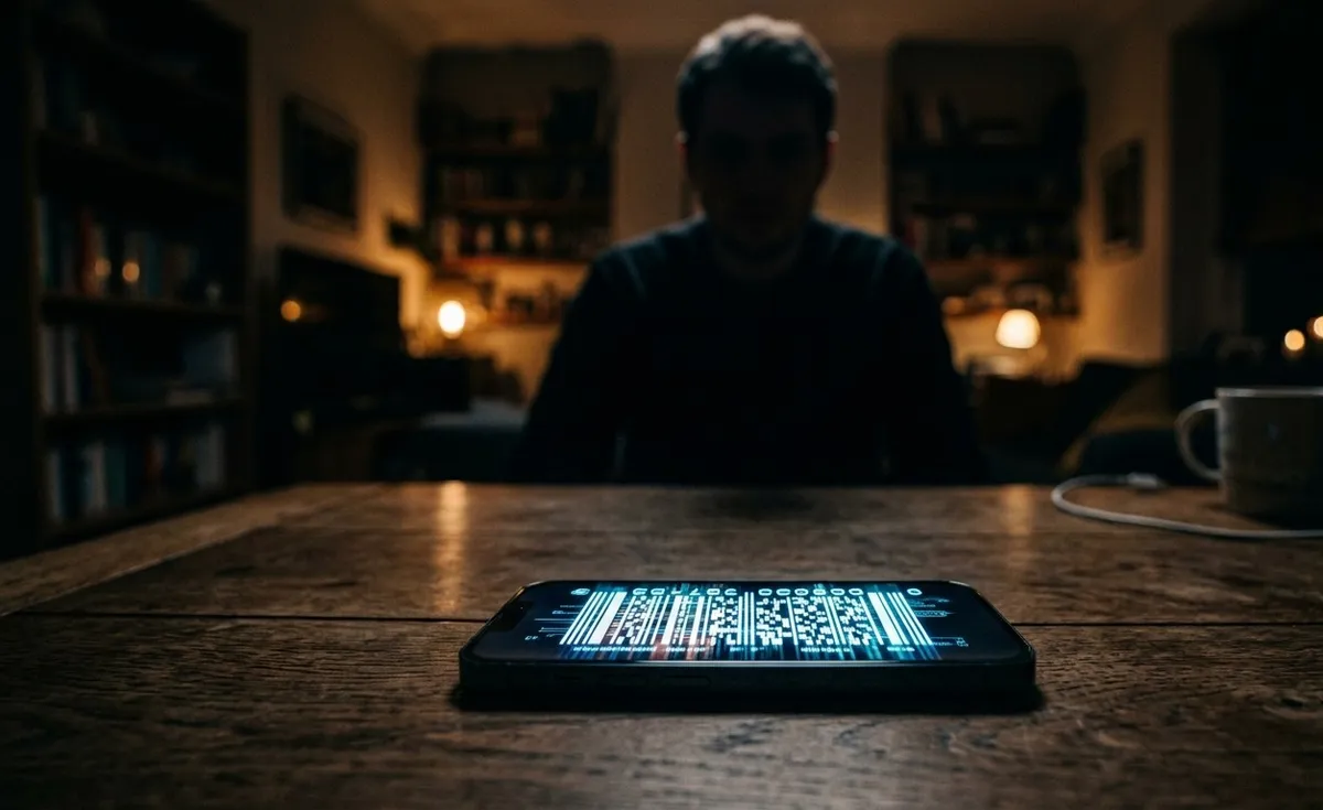 Smartphone exibindo um código de barras luminoso na tela com o rosto de uma pessoa na sombra ao fundo, simbolizando a redução do sofrimento humano a diagnósticos rápidos e artificiais