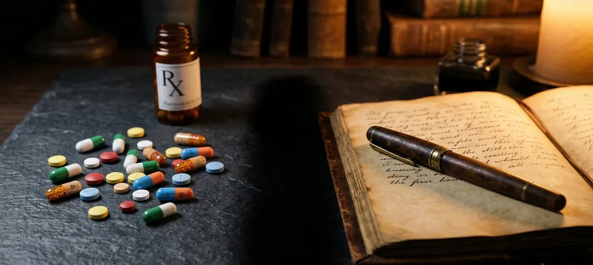 Contraste visual entre pílulas médicas modernas de um lado e um diário antigo com caneta-tinteiro do outro, representando o embate clínico entre anestesiar o sintoma ou usar a palavra na psicanálise