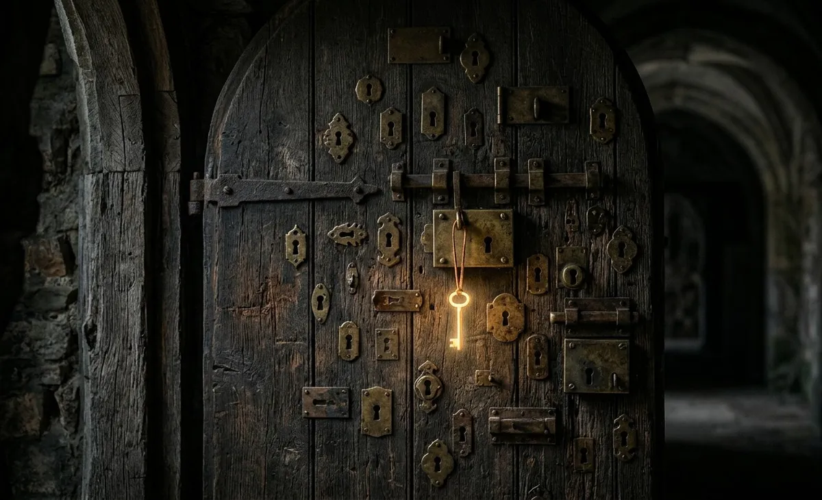 Porta de madeira envelhecida com várias fechaduras antigas e uma chave dourada luminosa, simbolizando o inconsciente e a escuta psicanalítica acessando traumas trancados